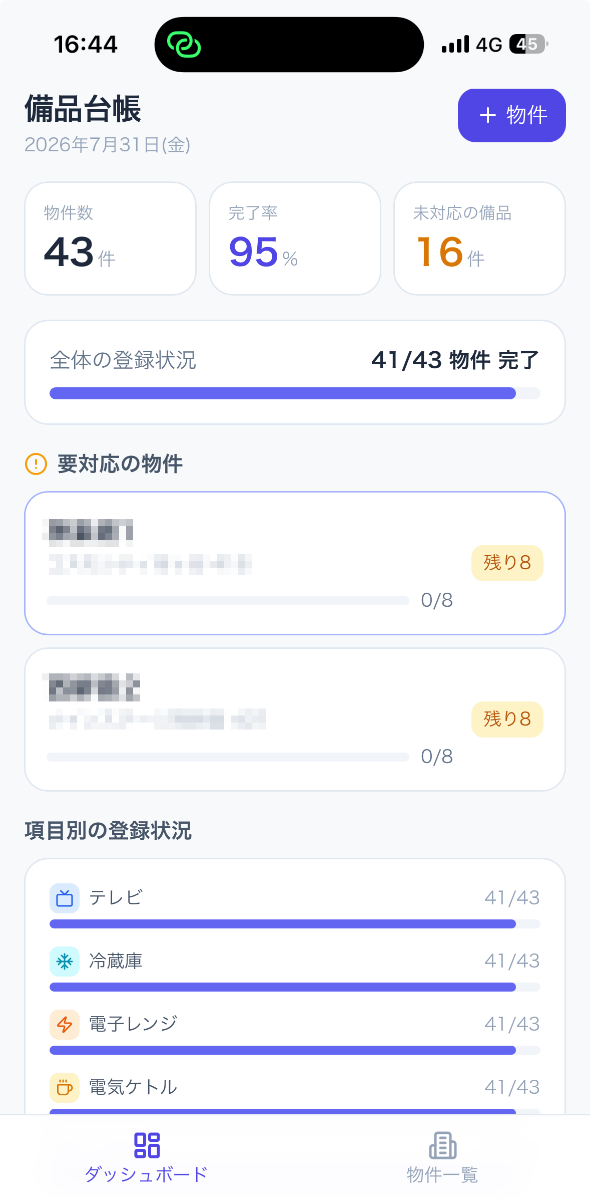部屋ごとの備品一覧、機器の種類、設置状況、撮影した写真が一覧できる管理ダッシュボードの画面